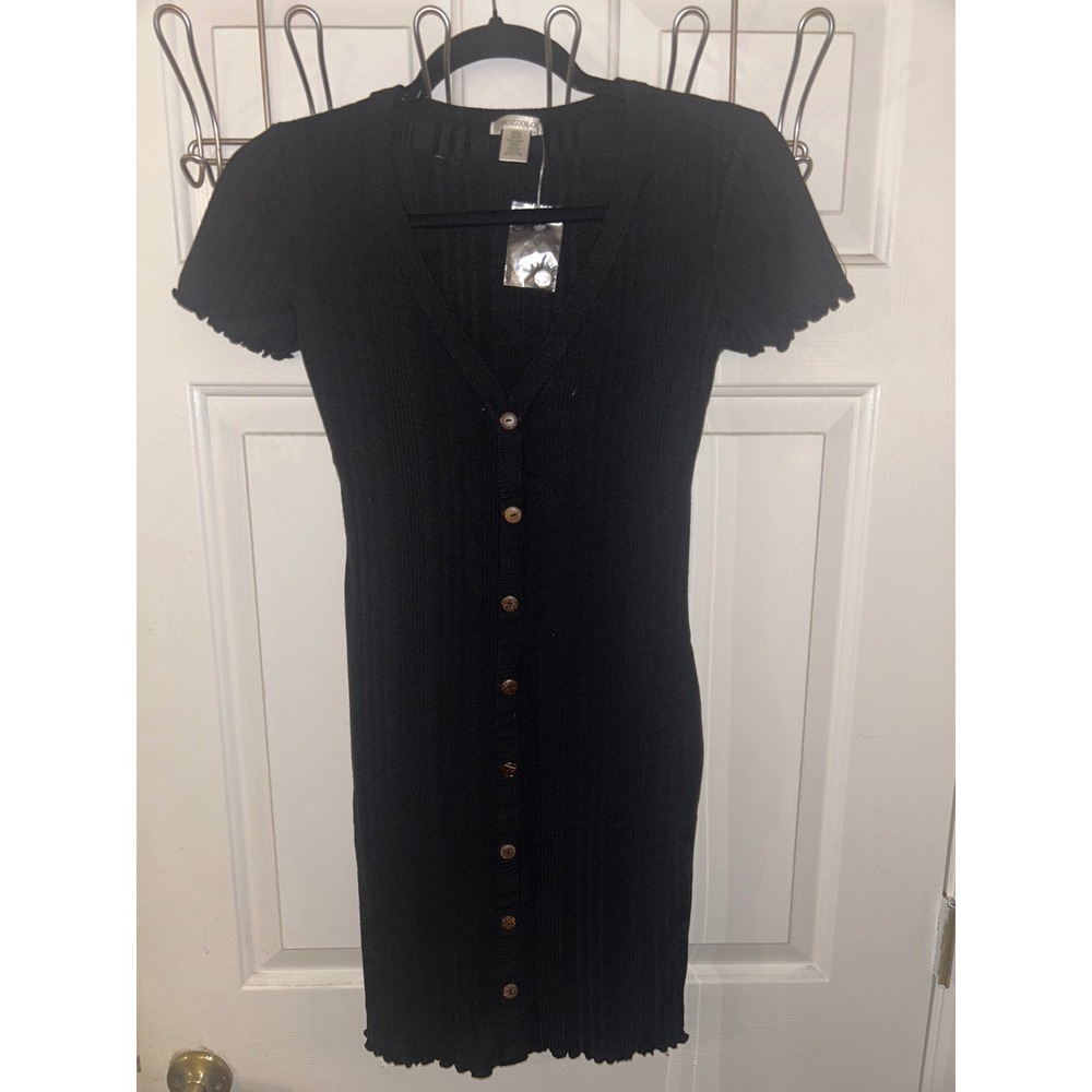 BOZZOLO Ribbedโ V Neck Button Front Short Sleeve Lettuce Trim Dress Small Black